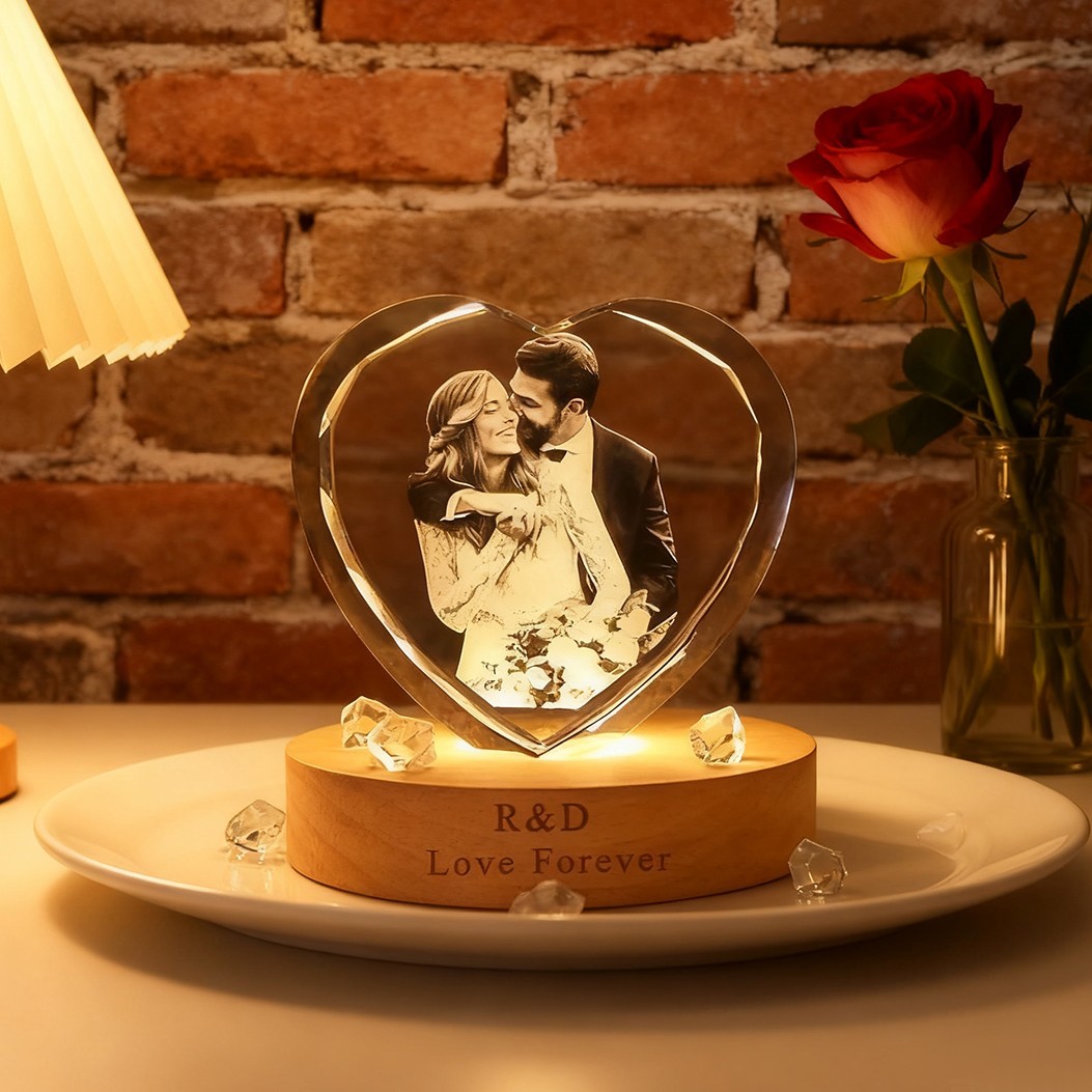 Luminaire Portrait 3D Cristal Photo Familial Sur Mesure avec Socle Cadeau pour Couples Cadeau d'Anniversaire Cadeau de Noël