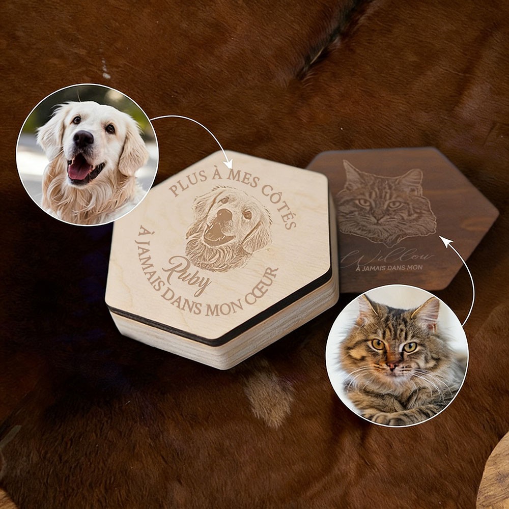 Boîte Commémorative en Bois Gravée à Poils d'Animal Personnalisée avec Photo Cadeaux en Cas de Perte d'Animal Idées Cadeau de Noël