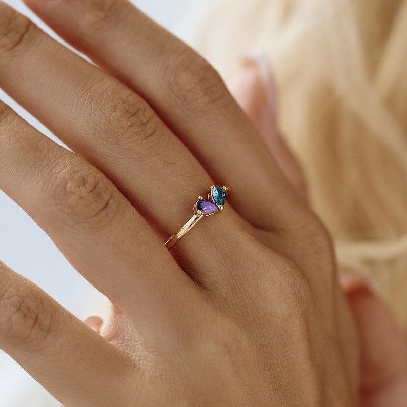 Bague Personnalisée avec Pierre de Naissance en Forme de Cœur Bague Personnalisée à Deux Pierres