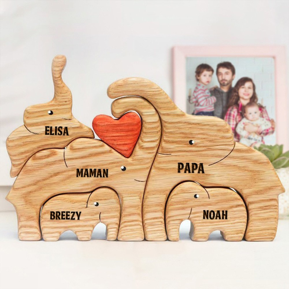 Puzzle familial en bois d'éléphant personnalisé avec noms, cadeau pour maman