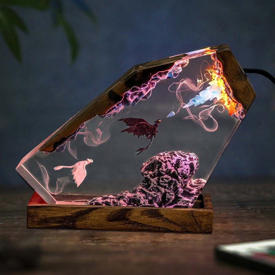 Lampe en bois faite à la main en résine époxy et dragon de glace pour couples, cadeau de Noël, cadeau d'anniversaire pour lui