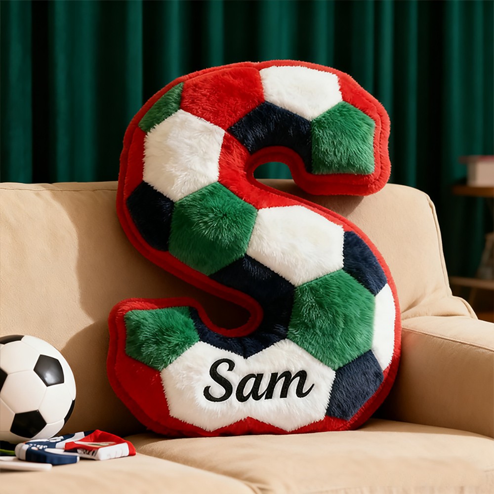 Coussin personnalisé sur le thème du football avec lettre et prénom Cadeau de Noël idéal pour les fans de foot