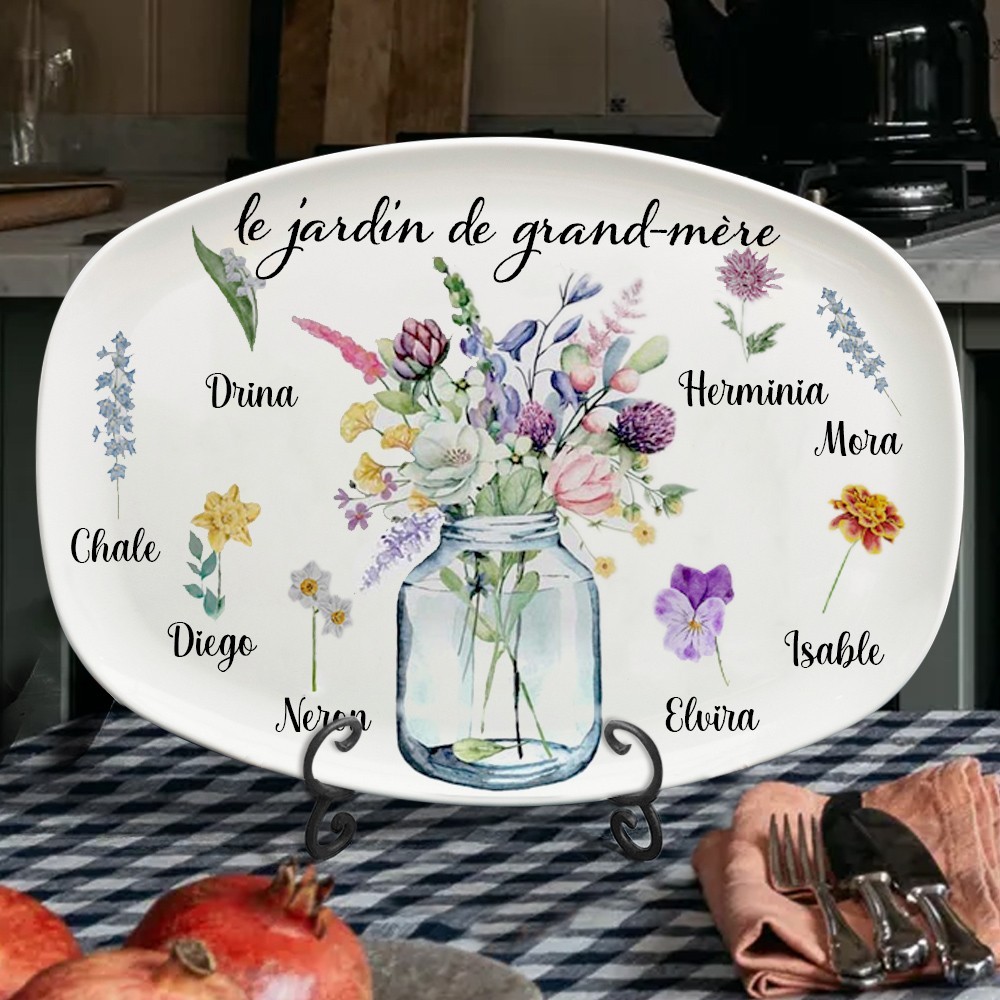 Plateau de fleurs personnalisé du mois de naissance du jardin de grand-mère avec noms de petits-enfants, cadeau pour grand-mère maman