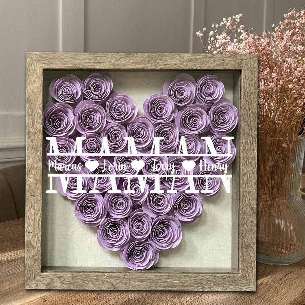 Boîte d'ombre à fleurs en papier personnalisée en forme de cœur, avec noms d'enfants, cadeau pour maman et grand-mère