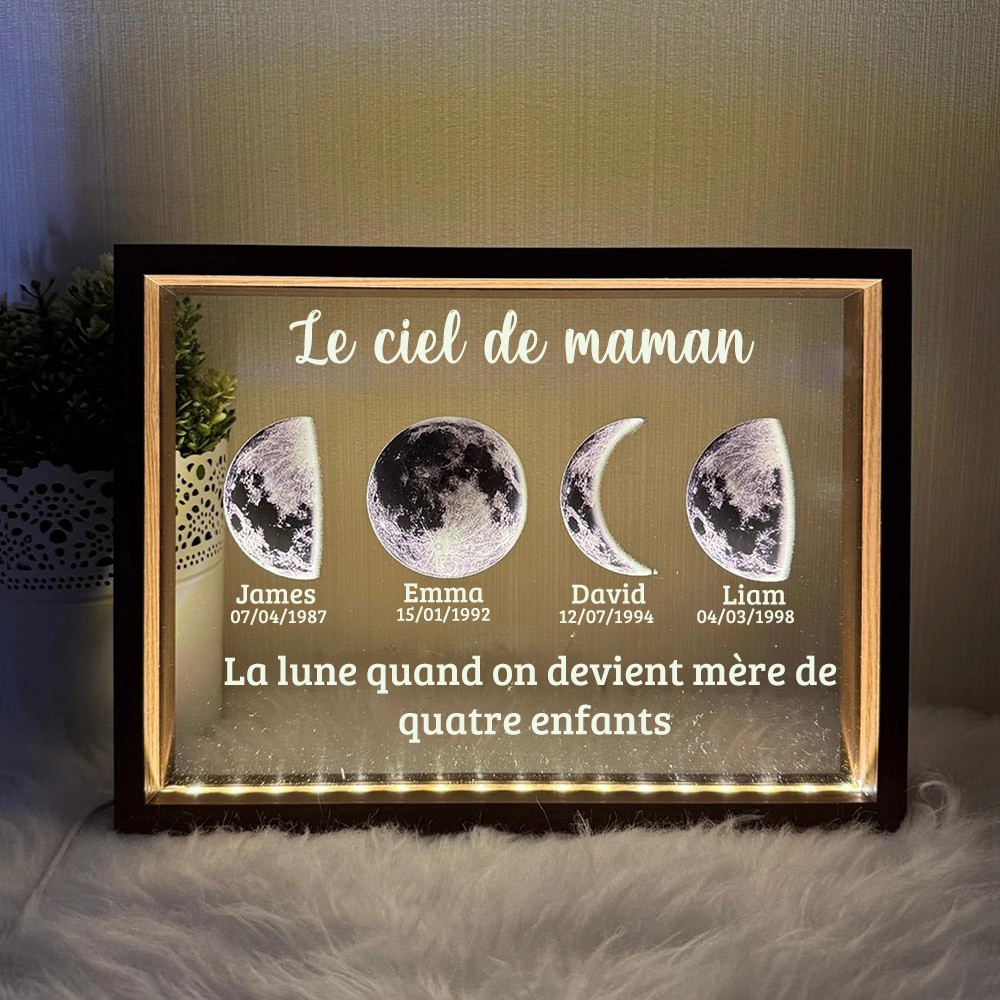 Cadre de lampe personnalisé avec phases de lune et prénoms d'enfants pour maman idées cadeaux pour la fête des mères