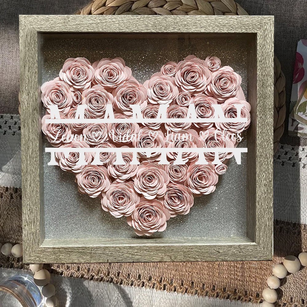 Boîte d'ombre à fleurs en papier personnalisée en forme de cœur, avec noms d'enfants, cadeau pour maman et grand-mère