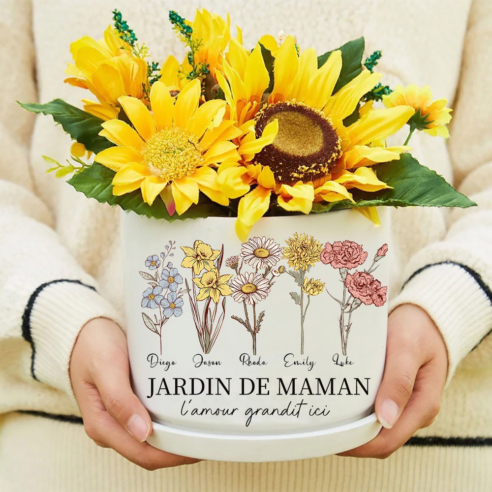 Pot de plante de fleur de naissance de jardin de maman personnalisé avec cadeau de nom d'enfants pour maman grand-mère