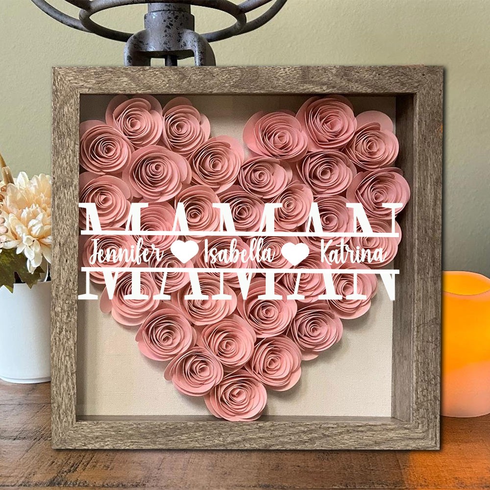 Boîte d'ombre à fleurs en papier personnalisée en forme de cœur, avec noms d'enfants, cadeau pour maman et grand-mère