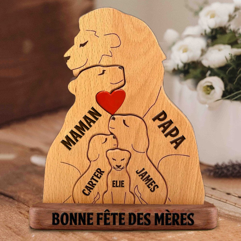 Puzzle familial Lion en bois personnalisé avec cadeau Stand pour maman grand-mère