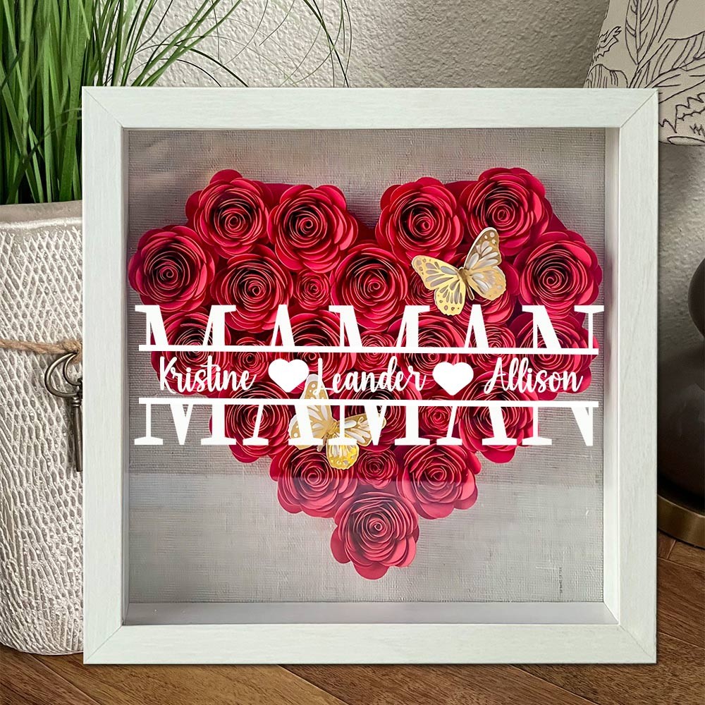 Boîte d'ombre à fleurs en papier personnalisée en forme de cœur, avec noms d'enfants, cadeau pour maman et grand-mère