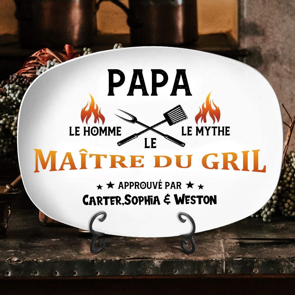 Plat de grillage de papa personnalisé avec le cadeau de la fête des pères nom des enfants
