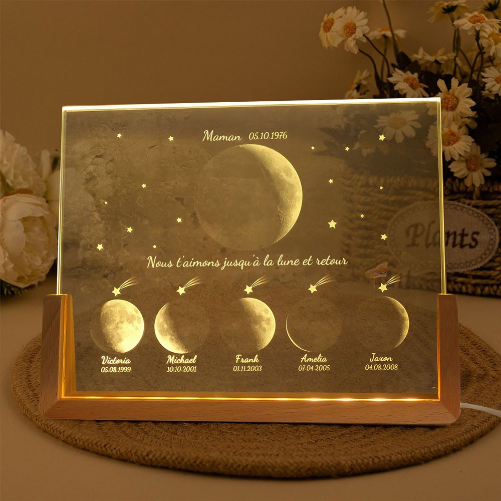 Nous t'aimons jusqu'à la lune et retour Veilleuse personnalisée en phase de lune Cadeaux pour maman Cadeau de fête des mères