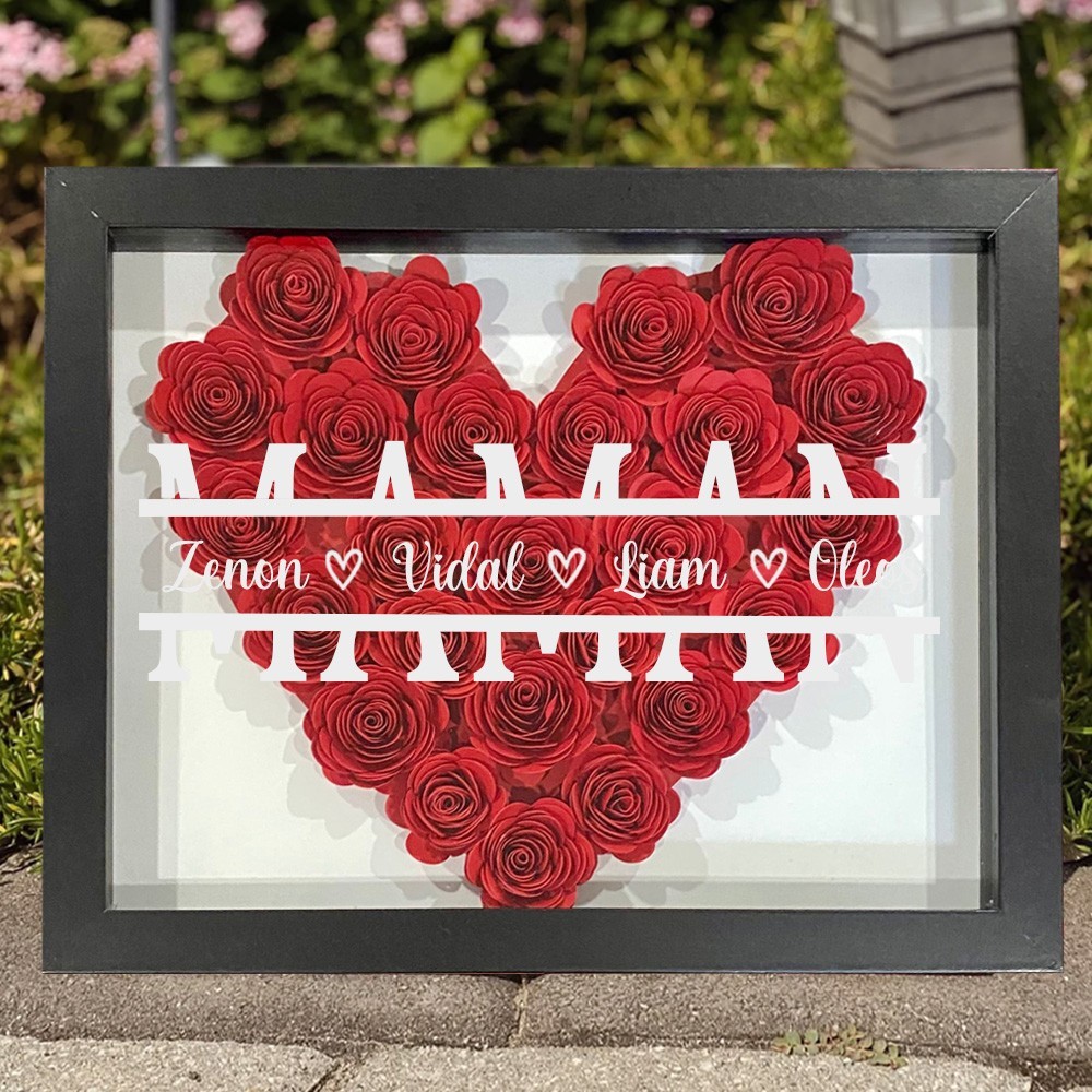 Cadeaux personnalisés de boîte d'ombre de fleur de monogramme en forme de coeur pour maman grand-mère