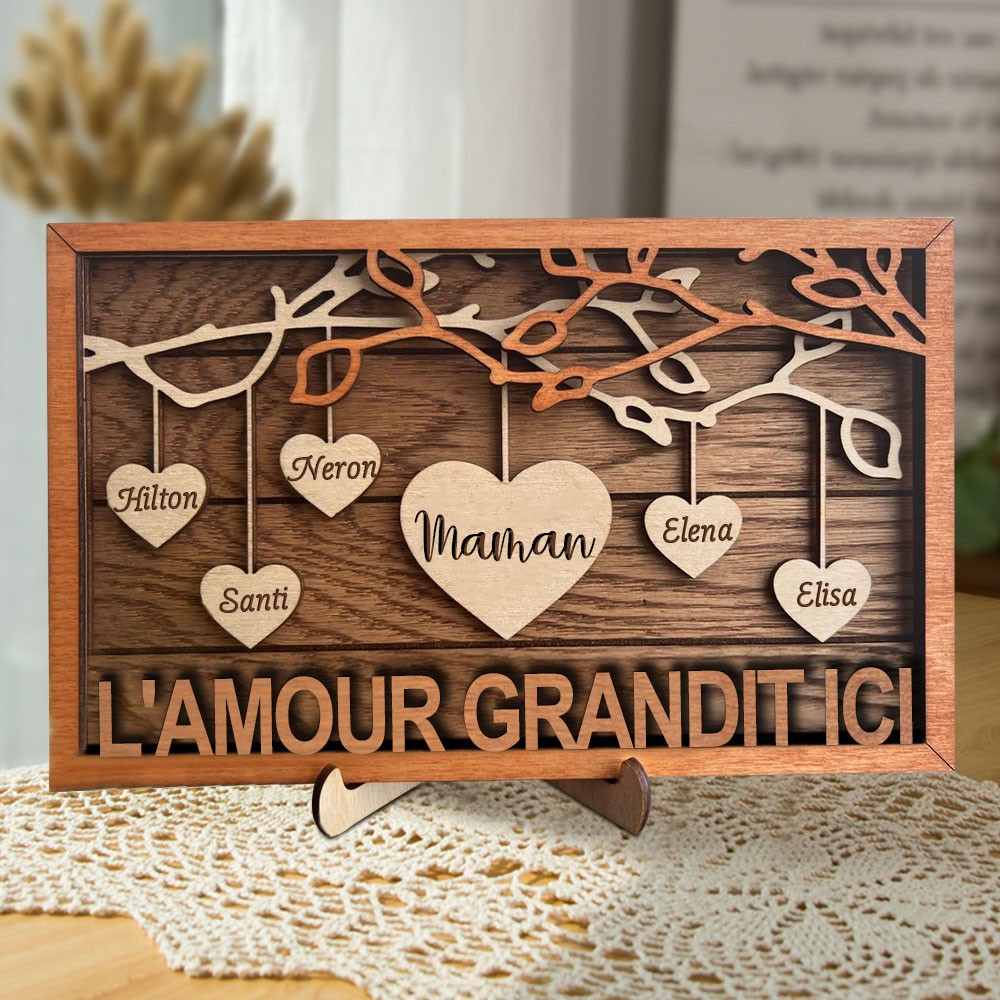 Panneau d'arbre généalogique avec cœurs suspendus, cadeau de fête des grands-mères, cadeau personnalisé pour maman