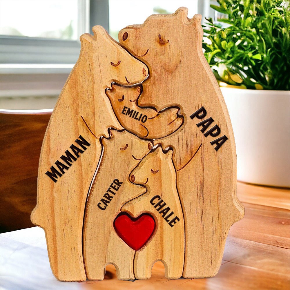 Cadeau souvenir personnalisé de puzzle de nom de famille d'ours en bois pour maman