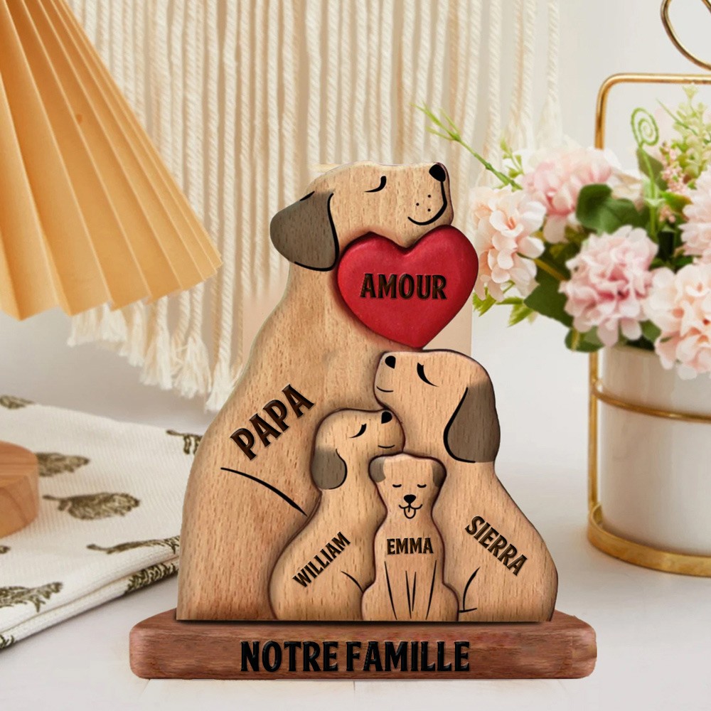 Puzzle personnalisé en bois avec noms des membres de la famille des chiens, cadeau pour maman