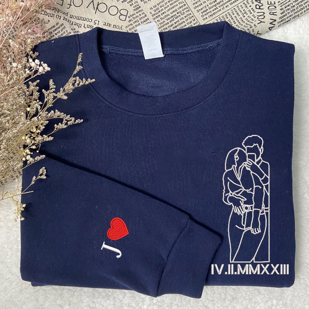Sweat-shirt personnalisé avec date en chiffres romains et photo brodée, cadeau d'anniversaire, cadeaux de Saint-Valentin pour couple