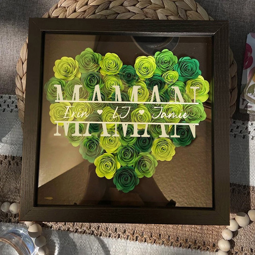 Boîte d'ombre à fleurs personnalisée en forme de cœur, avec noms d'enfants, cadeaux pour maman et grand-mère