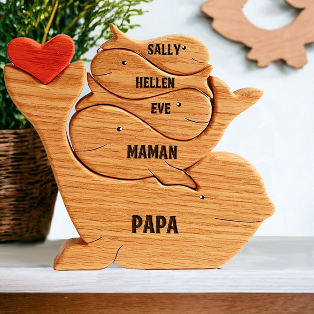 Puzzle familial de baleines en bois personnalisé avec noms gravés, cadeaux souvenirs de famille, cadeaux de Noël