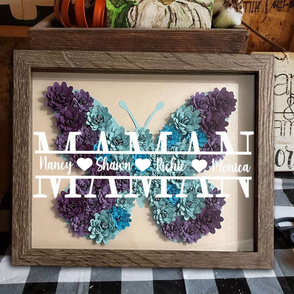 Boîte d'ombre à fleurs monogramme de maman papillon personnalisée avec noms d'enfants, cadeau pour maman grand-mère