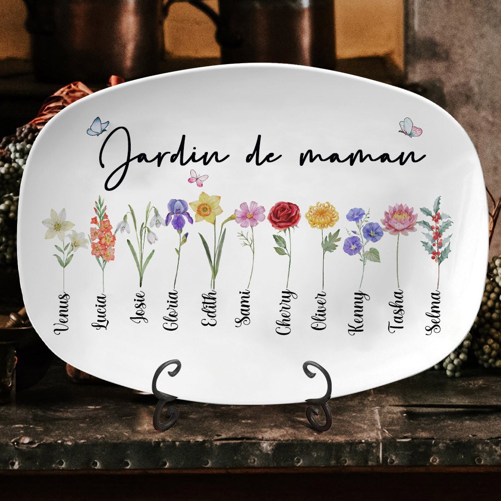 Cadeau personnalisé de plateau de fleurs de naissance de noms d'enfants de jardin de maman pour maman grand-mère