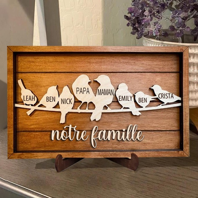 Panneau personnalisé en bois avec cadre d'arbre généalogique d'oiseaux, avec noms gravés, cadeaux souvenirs pour grand-mère et maman