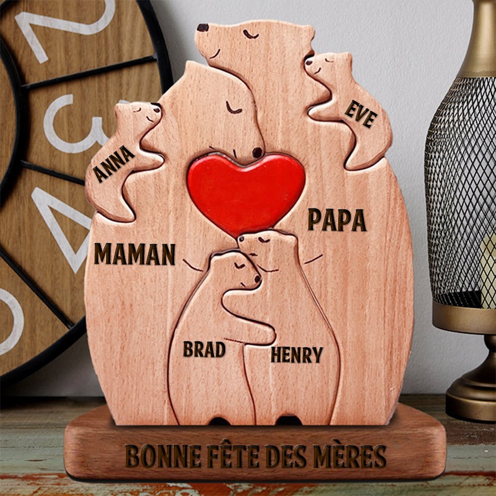 Puzzle personnalisé de famille d’ours en bois avec des noms cadeaux de souvenir de famille cadeau de fête des mères
