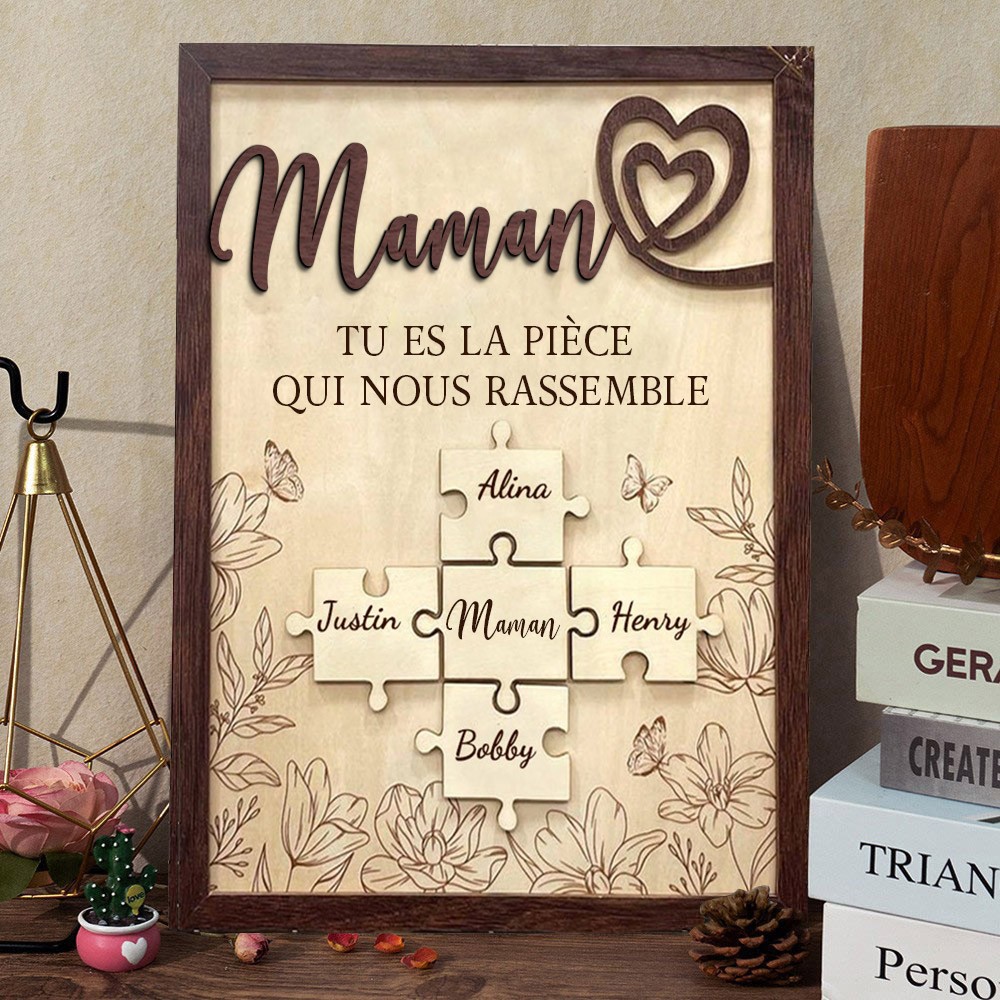 Panneau personnalisé en bois représentant une pièce de puzzle pour maman avec les noms des enfants Idées cadeaux pour la fête des mères