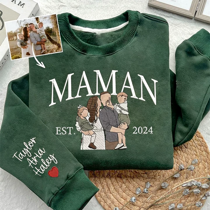 Sweat-shirt Personnalisé Maman avec Photo Brodée et Noms des Enfants sur la Manche Cadeaux pour Maman