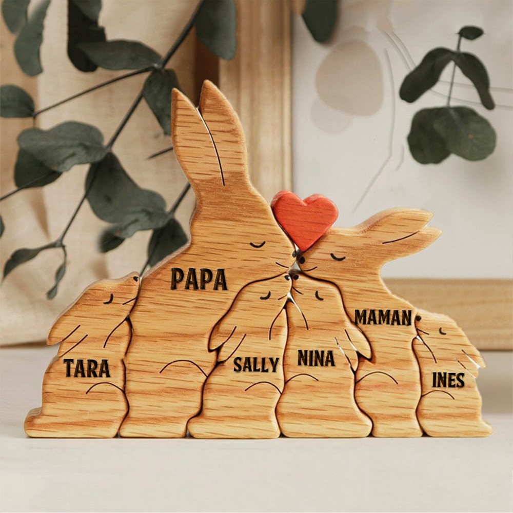 Puzzle familial de lapins en bois, figurines d'animaux, cadeaux souvenirs personnalisés, idées de cadeaux de Noël