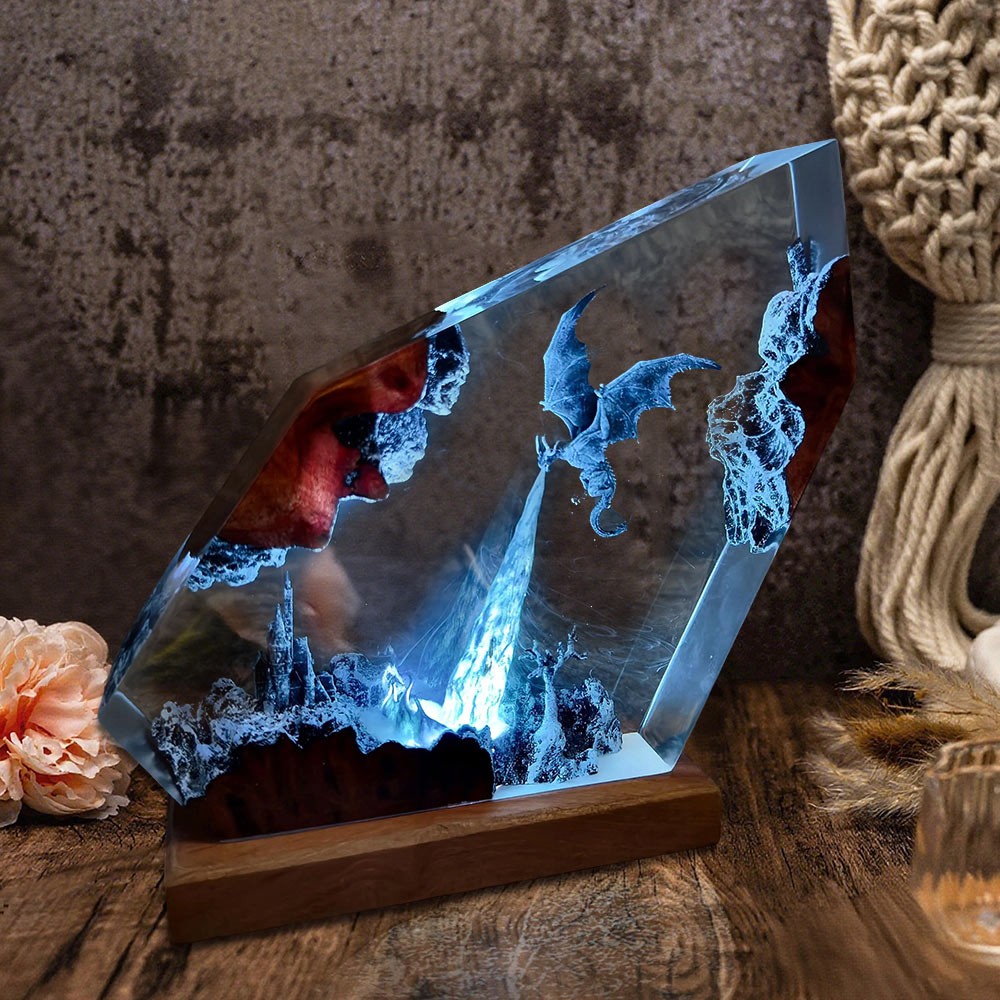 Lampe en bois et résine Dragon de Feu, cadeau d'Halloween pour lui, idées cadeaux d'anniversaire