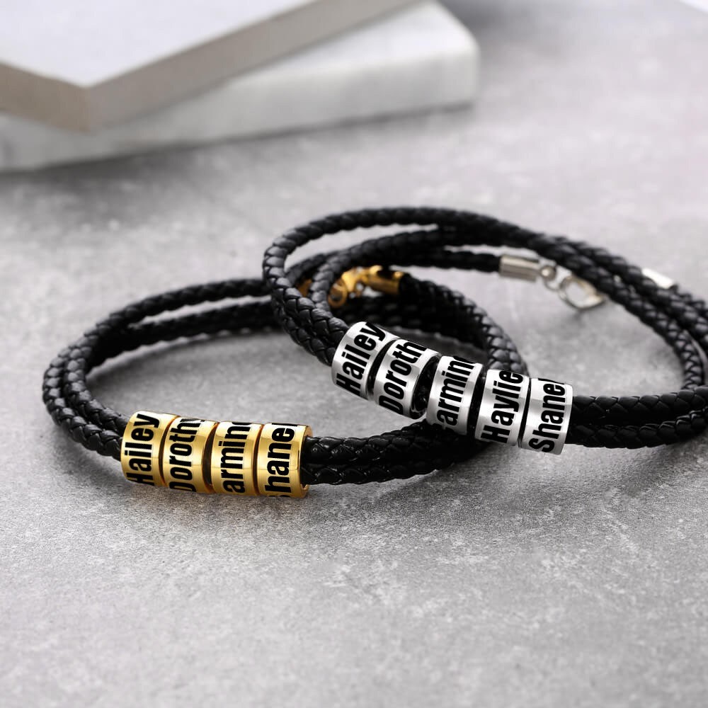 Bracelet en cuir tressé personnalisé pour homme avec perles gravées de noms Idées cadeaux uniques pour la fête des pères