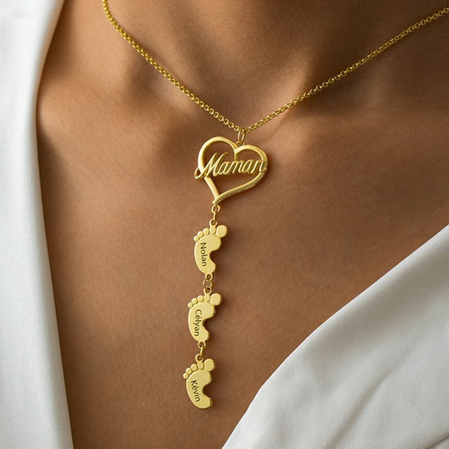 Collier personnalisé avec nom de maman et pendentifs pieds de bébé, cadeaux de fête des mères