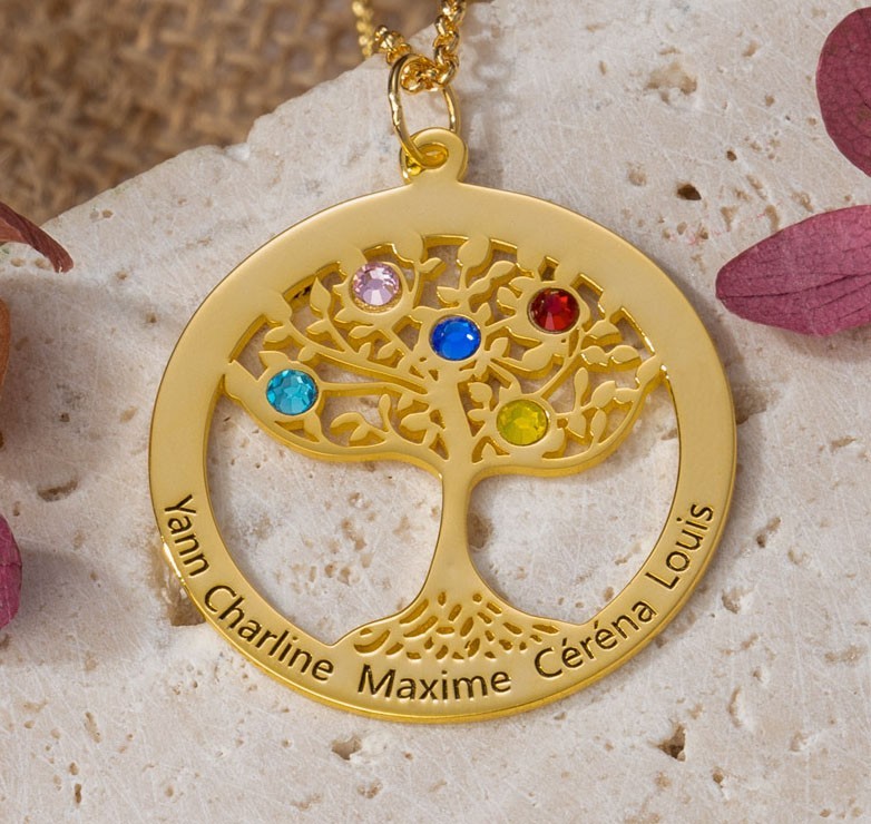 Collier personnalisé avec nom et pierres de naissance de l'arbre de vie - Meilleurs cadeaux pour maman et grand-mère