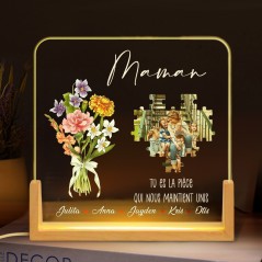 Puzzle Photo Personnalisé avec la Fleur du Mois de Naissance, Veilleuse Cadeau Souvenir pour Maman, Grand-Mère - Cadeau pour la Fête des Mères