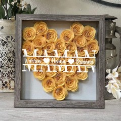 Boîte d'ombre à fleurs en papier personnalisée en forme de cœur, avec noms d'enfants, cadeau pour maman et grand-mère