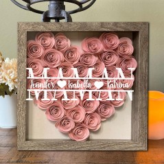 Boîte d'ombre à fleurs en papier personnalisée en forme de cœur, avec noms d'enfants, cadeau pour maman et grand-mère