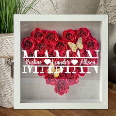 Boîte d'ombre à fleurs en papier personnalisée en forme de cœur, avec noms d'enfants, cadeau pour maman et grand-mère