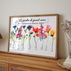 Cadre de fleurs de naissance personnalisé du jardin de grand-mère avec les noms des enfants