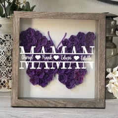 Boîte d'ombre à fleurs monogramme de maman papillon personnalisée avec noms d'enfants, cadeau pour maman grand-mère