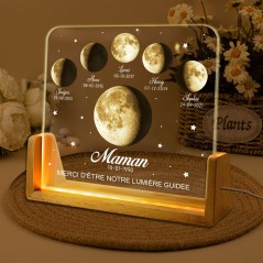 Veilleuse personnalisée avec phases de lune et date, avec prénoms d'enfants, idée cadeau pour maman, fête des mères