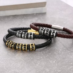 Bracelet en cuir marron personnalisé pour homme avec perles gravées pour nom Idées cadeaux pour la fête des pères