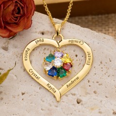 Collier personnalisé en forme de cœur avec noms de famille et pierres de naissance - Cadeau unique pour maman ou grand-mère