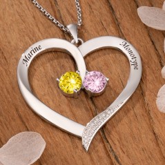 Collier personnalisé avec nom de couple en forme de cœur et pierres de naissance, cadeau unique pour âme sœur