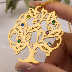 Collier arbre généalogique personnalisé avec noms gravés et pierres de naissance, cadeaux uniques pour maman et grand-mère