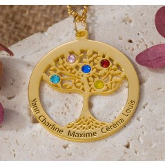 Collier personnalisé avec nom et pierres de naissance de l'arbre de vie - Meilleurs cadeaux pour maman et grand-mère