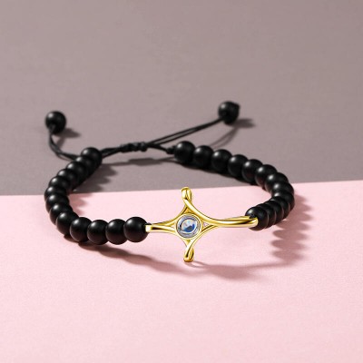 Bracelet à Projection Photo Personnalisé Perles Noires avec Croix