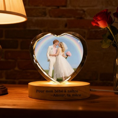 Luminaire Portrait 3D Cristal Cœur Photo de Couple Sur Mesure avec Socle Cadeaux d'Anniversaire de Mariage Cadeau de Noël