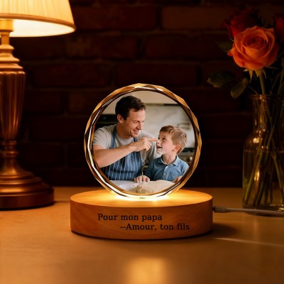 Luminaire Portrait 3D Cristal Rond Photo Sur Mesure avec Socle Cadeaux pour Papa Idées Cadeau de Noël