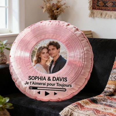 Oreiller Forme Disque Musical Photo de Couple Personnalisé avec Prénoms Cadeaux pour Anniversaire Cadeau de Saint-Valentin Cadeau-Souvenir